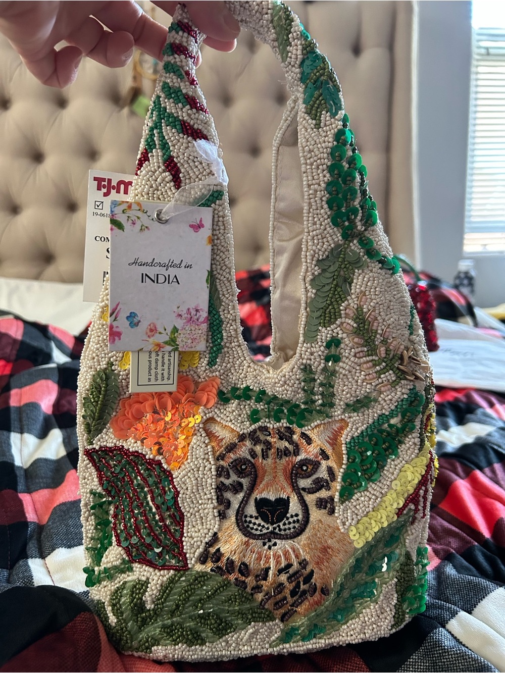 Handcrafted Beaded Leopard Tote Bag - Green, Cream, Orange